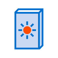 Illustration of a rectangular box with a blue outline, featuring an orange sun icon in the center and blue rays extending outwards, ideal for web to print applications.