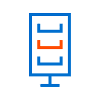 Icon of a blue-framed server rack with three horizontal bars; two blue and one orange, on a white screen, ideal for web to print applications.