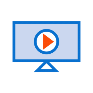 Illustration of a blue computer monitor with a blue stand, displaying an orange play button in the center of the screen, reminiscent of a 3D scanning interface.