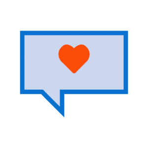 A blue speech bubble with a red heart inside it. The heart symbolizes love or affection. The background inside the bubble is light blue, perfect for web to print designs.