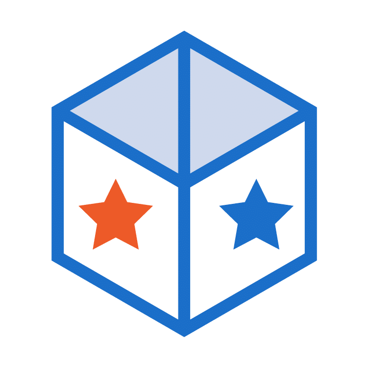 A cube with a blue outline. Inside the cube, there are four triangular sections. One section has an orange star, and the opposite section has a blue star. This design is ideal for small format printing projects where precision matters.