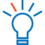 Icon of a light bulb with blue rays radiating outward and one orange ray, symbolizing innovation or web to print solutions.