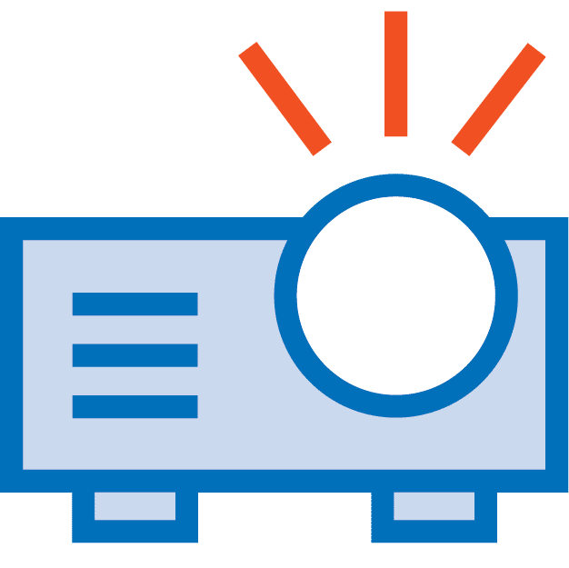 Illustration of a blue projector with light rays depicted in orange emerging from the lens, capturing the essence of large format printing.