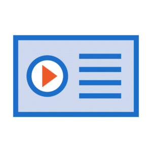 A blue-framed video player icon with a red play button in the center, accompanied by three gray horizontal lines representing text content, resembles the simplicity and clarity of small format printing.