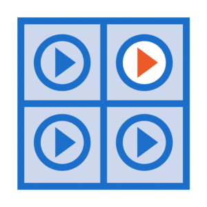 A 2x2 grid of four circular play buttons, three blue and one red, set against a light blue background, reminiscent of a web to print design.