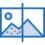 Icon of a landscape image with a sun and mountains, divided into four quadrants by a cross, resembling a design often seen in small format printing, with small dots scattered across.