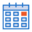 A blue calendar icon with a red square marking a specific date, perfect for illustrating deadlines in small format printing projects.