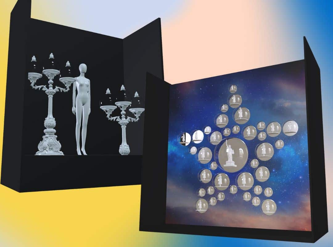 Two black display boxes exhibit intricate, white sculptures. Utilizing 3D printing, the left box showcases a candelabrum and mannequin; the right box features a star-shaped arrangement of circular mirrors framing the candelabrum.