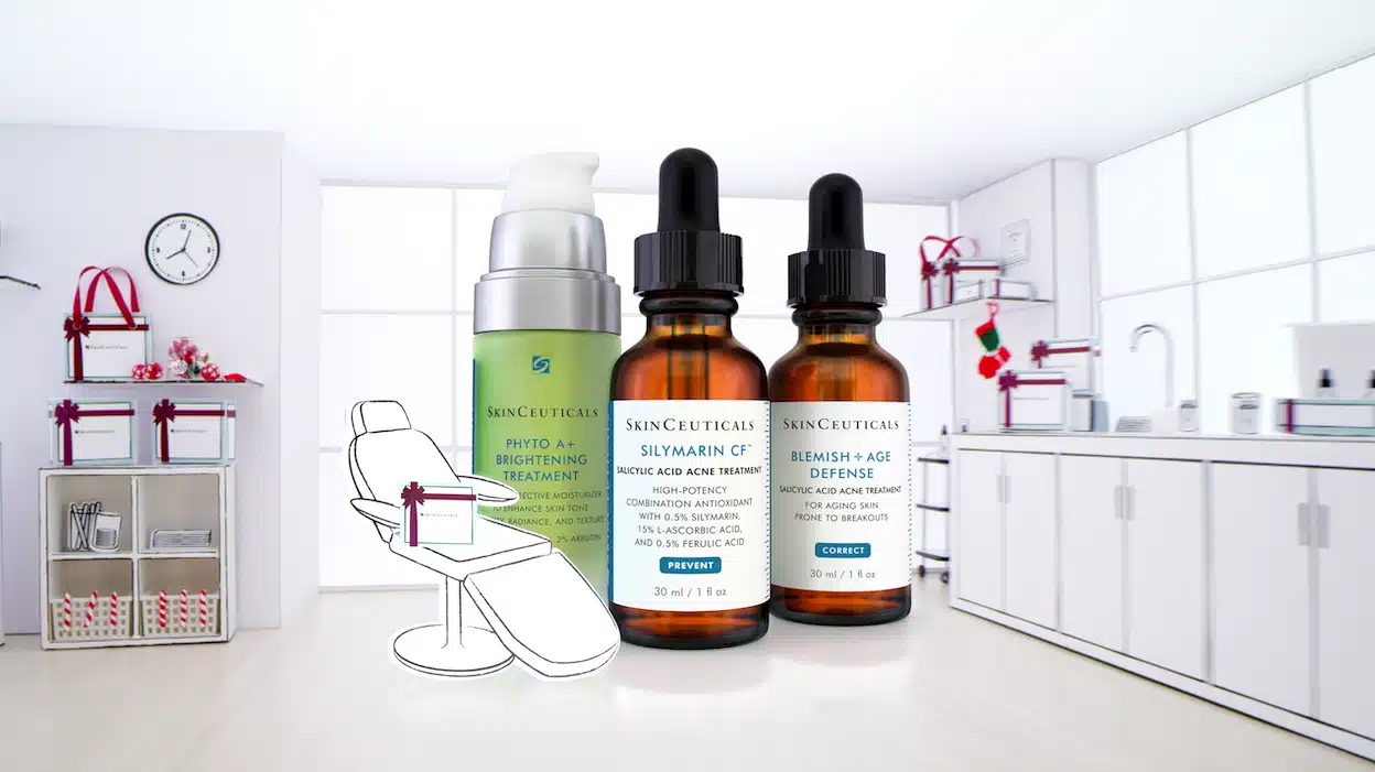 Three skincare products, including a brightening treatment and two serums, are displayed in a clean, white, modern clinic with various medical equipment and a 3D scanning device visible in the background.